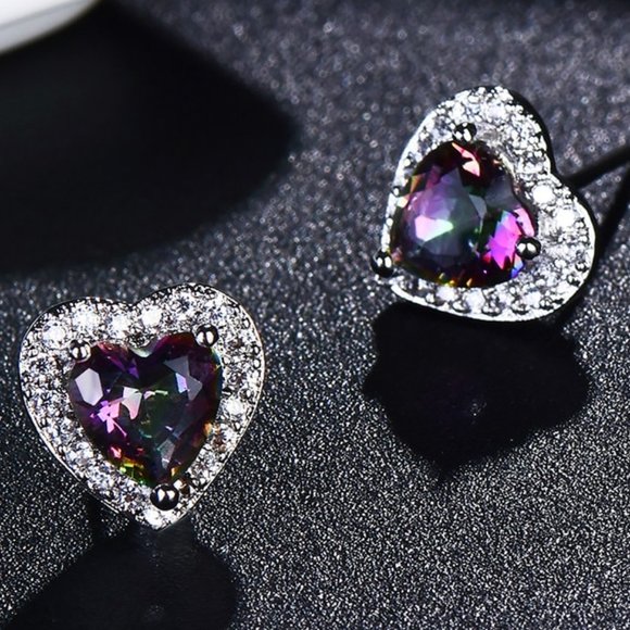 NEW Iridescent Diamond Halo Heart Stud Silver Earr - Picture 2 of 4